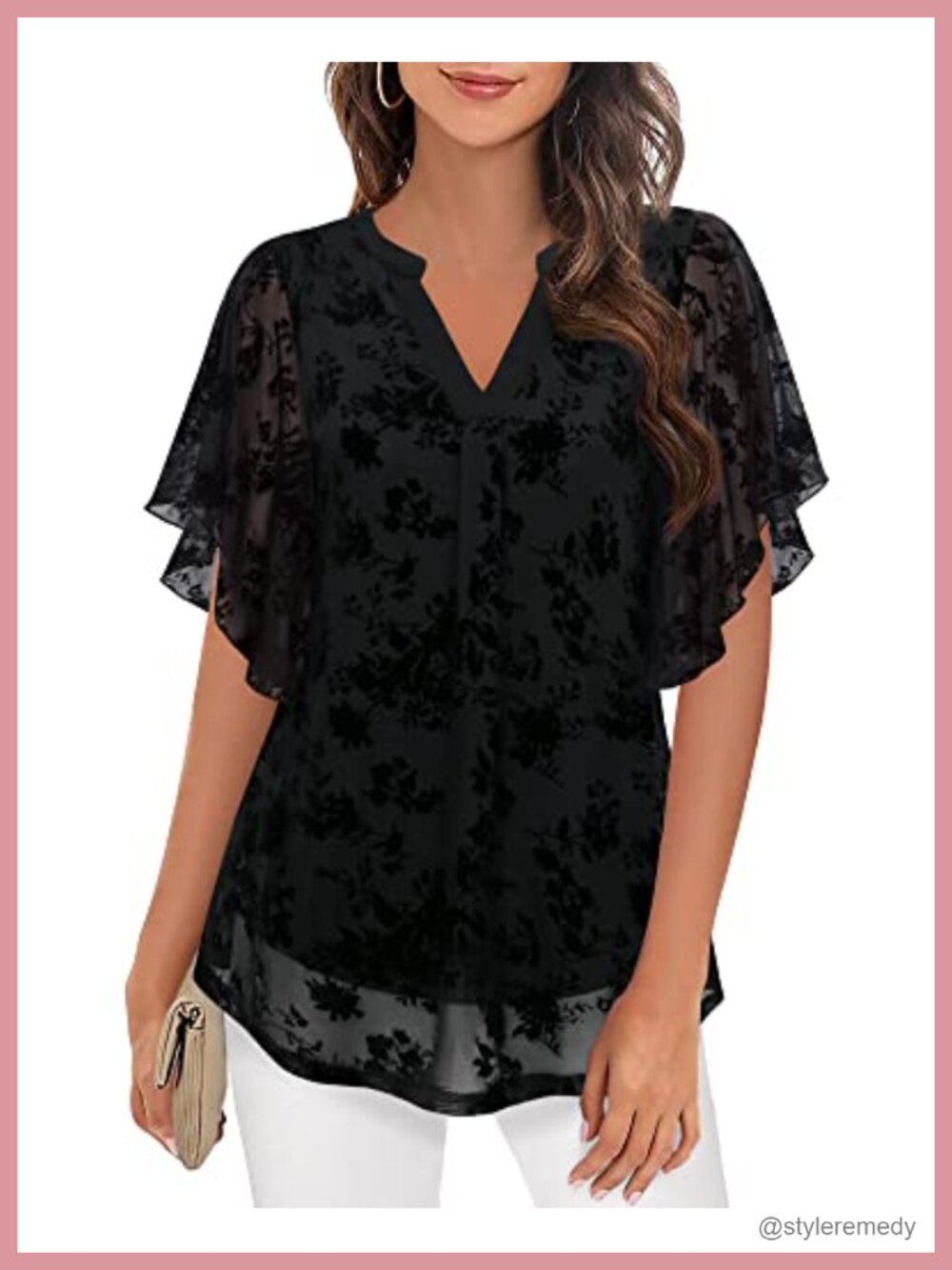 Women's Floral Mesh Tunic Top Butterfly Sleeve V Neck Blouse